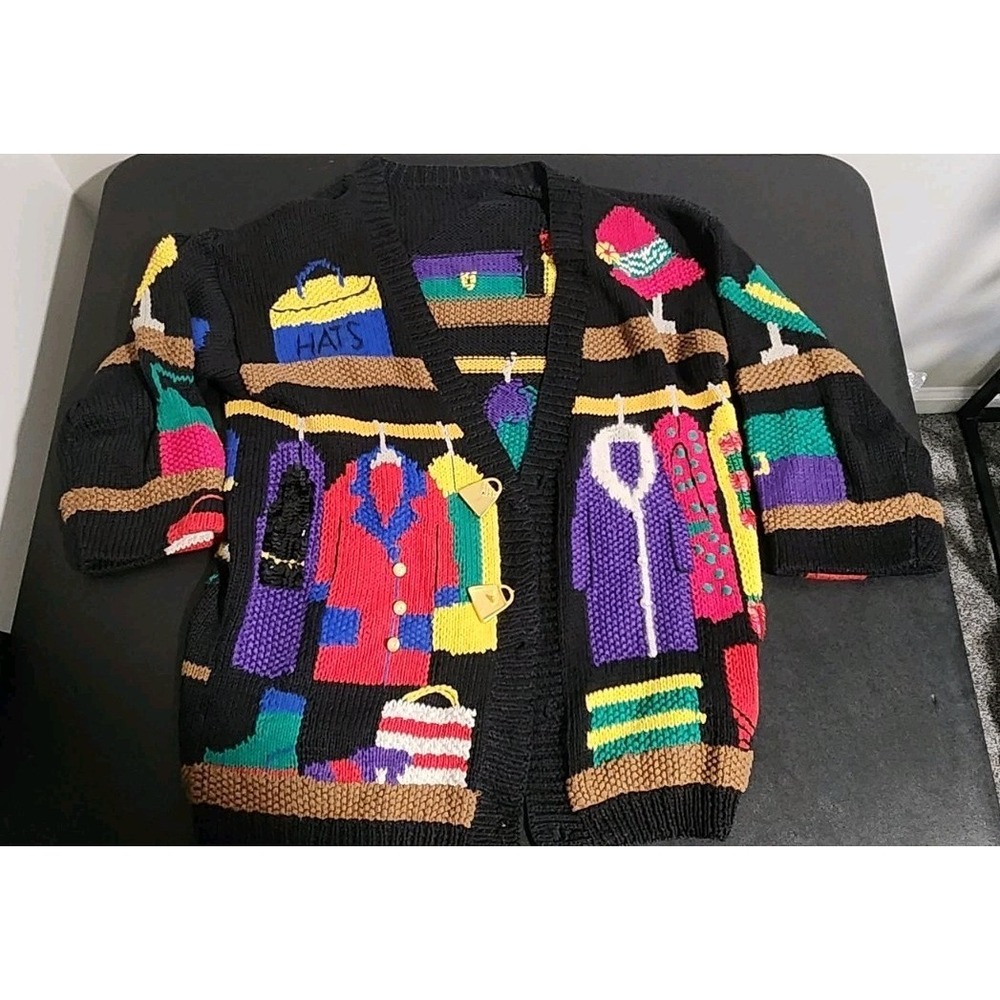 Vintage Novelty Boutique Fashion Short Sleeve Cardigan Sweater Black Colorful